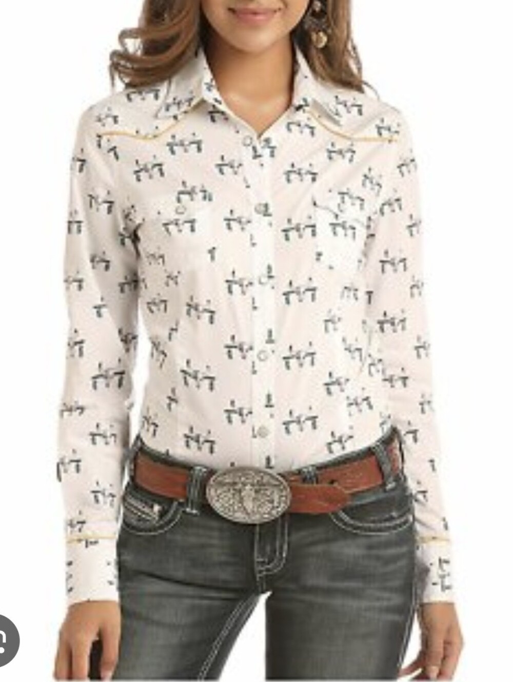 NWT Women's White Longhorn Skull Cowgirl Pearl Snap Western Shirt-Size-XL